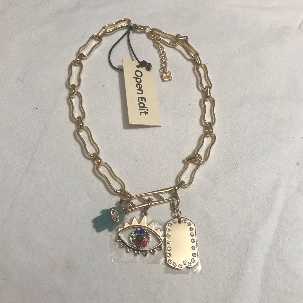 Open Edit Gold Tone Chain Charm Necklace With Evil Eye Charms Nwt 14” Inches